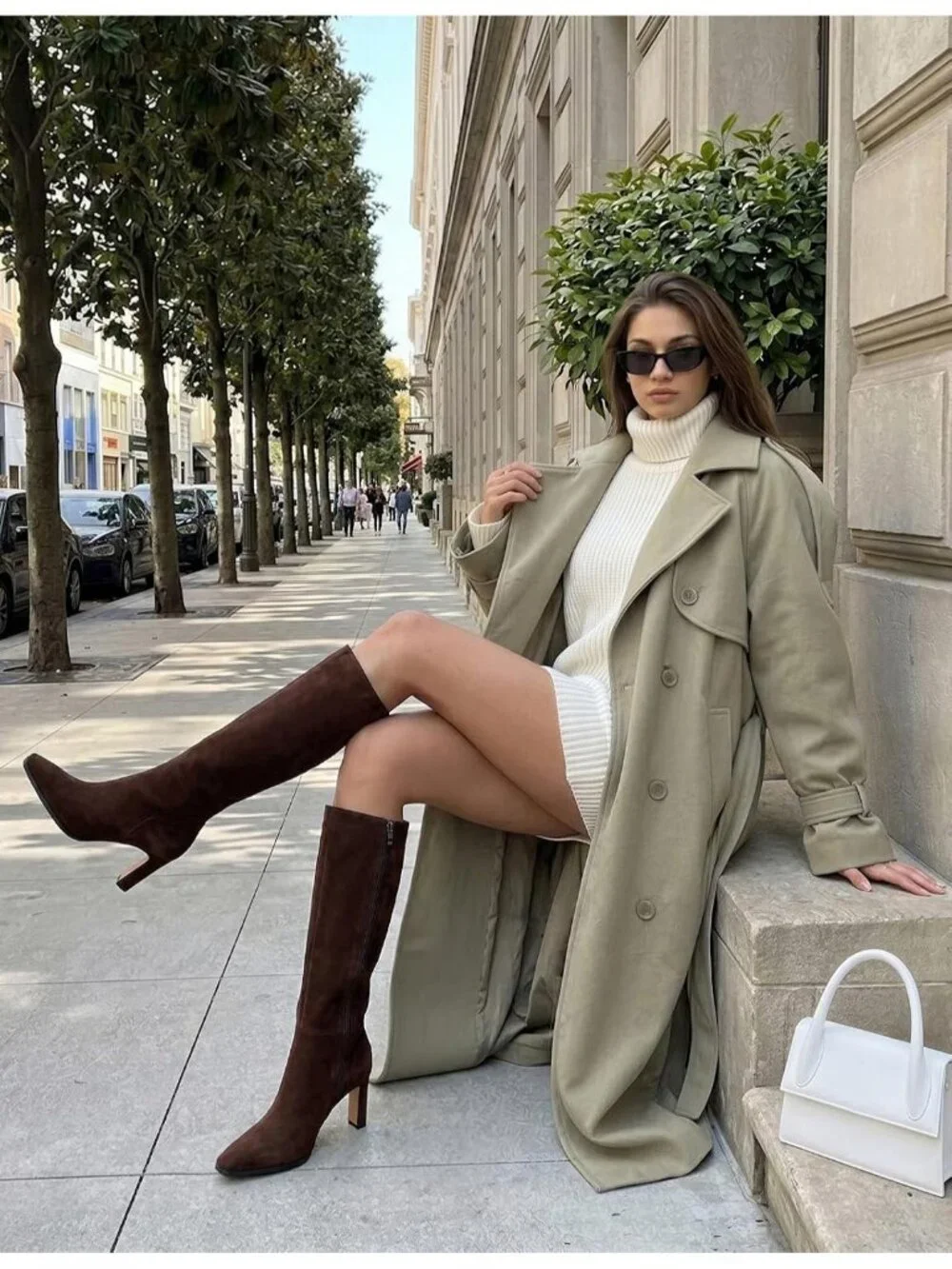 Women's Chocolate Faux Suede Pointed Square Toe Chunky Heel Knee High Boots
